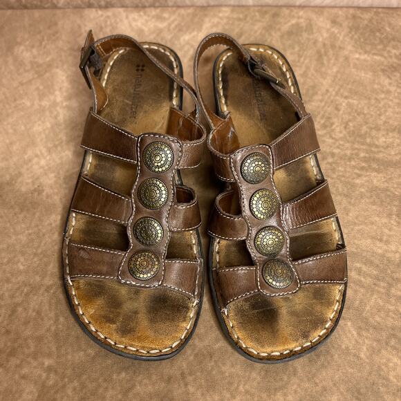 Naturalizer Low Heel Gladiator Sandals Brown Strappy Leather Floral Medallions - Picture 2 of 13